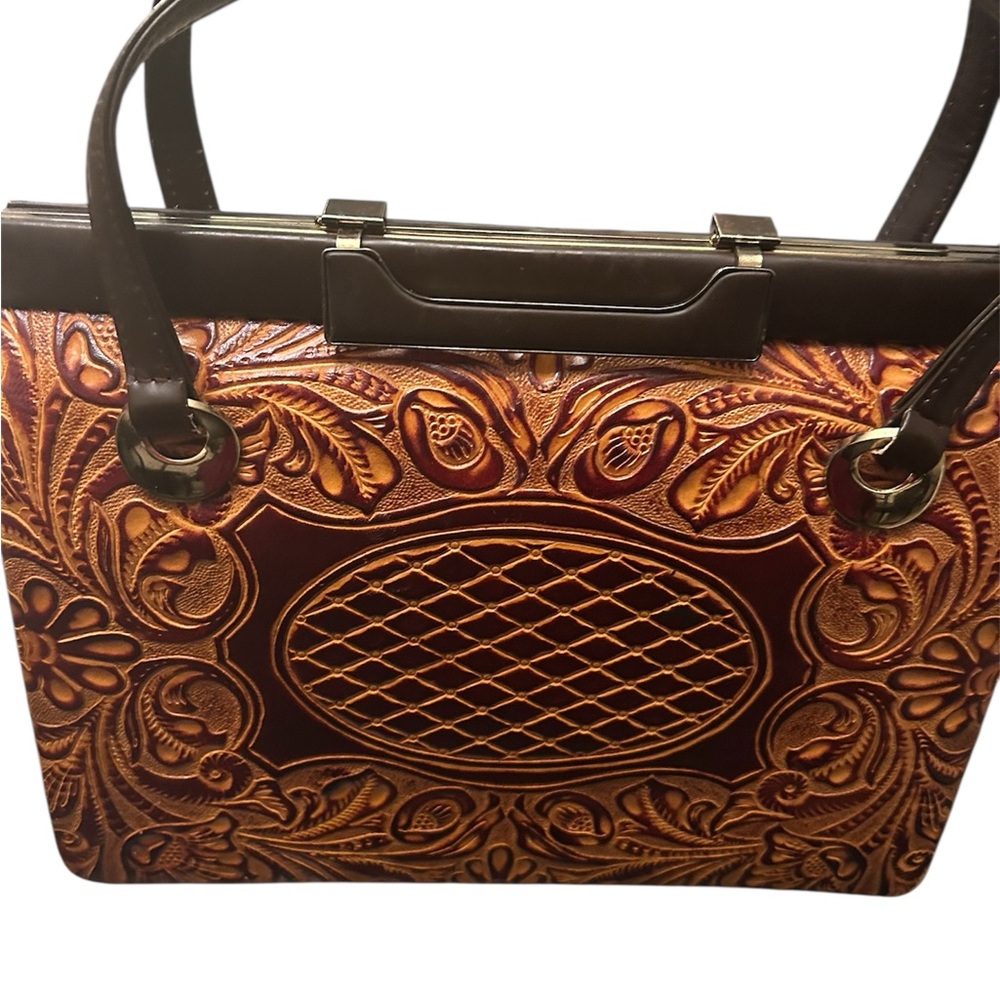 Beautiful Vintage Genuine Leather Women Western Tote/Handbag Brown Embossed